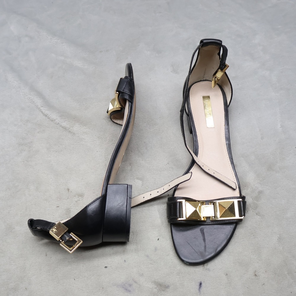 Louise et Cie Womens 8.5M Sandal Black Leather Gold Hardware Block Heel Dressy